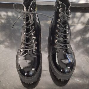 Glossy Black Lace-Up Ankle Boots
